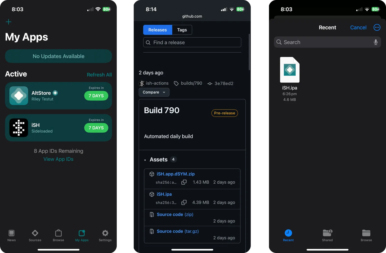 iOS screenshots showing AltStore, iSH's Github and the File Selector