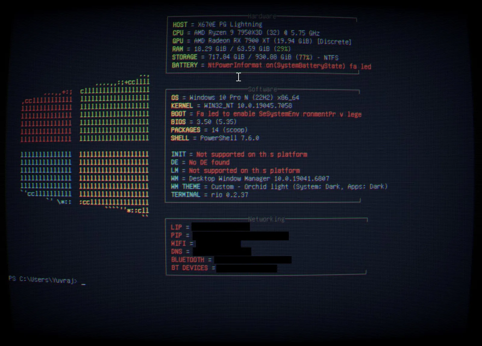 Screenshot of the Rio terminal emulator with CRT shader